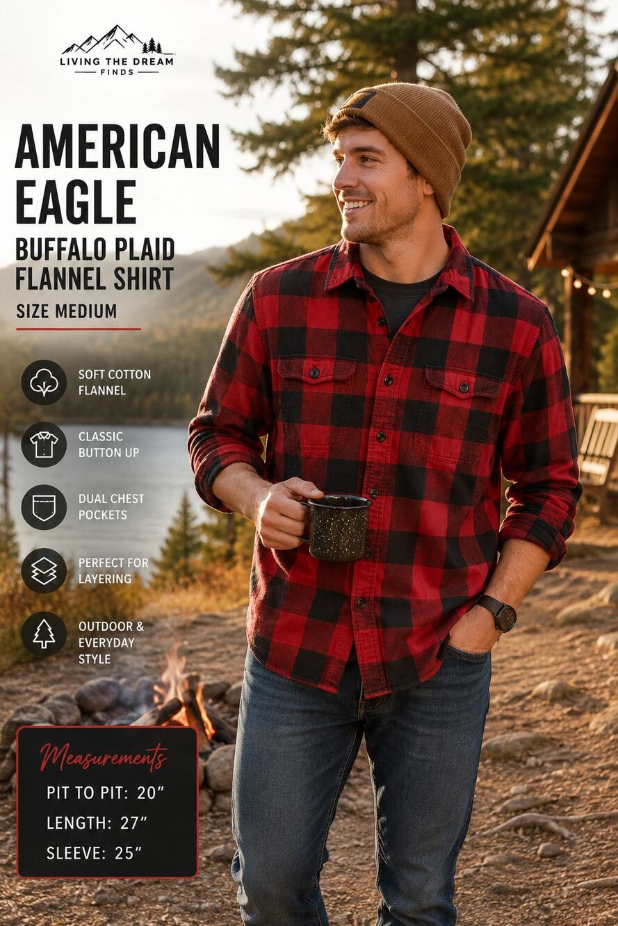 American Eagle Men’s Medium Red Black Buffalo Plaid Flannel Button Up Shirt